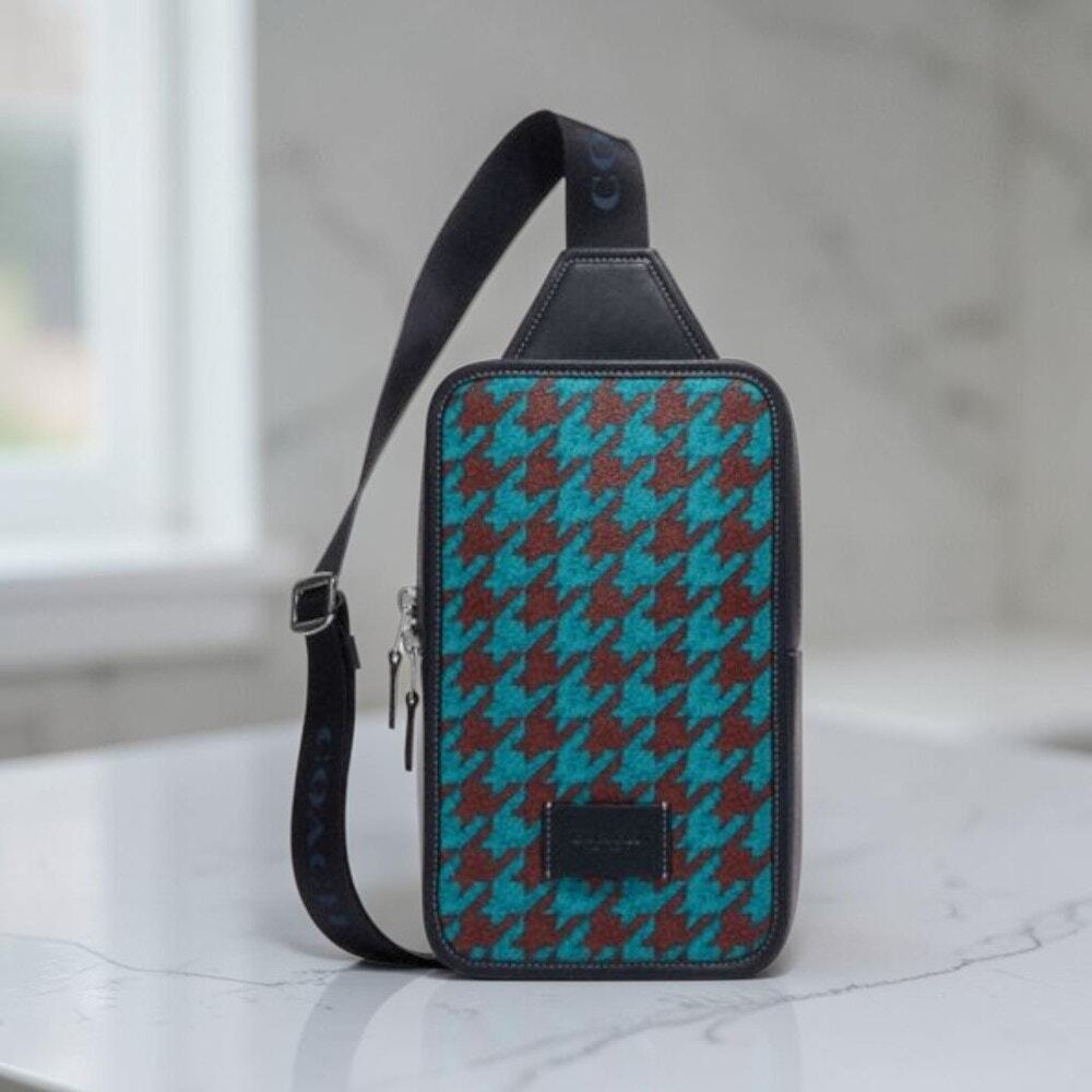 Coach Sullivan Pack Houndstooth Teal Wine CJ588 Leather Crossbody Bag NWT $350